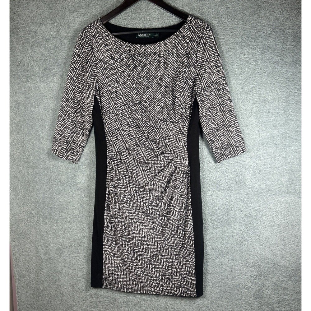 Lauren Ralph Lauren Dress Womens 14‎ Black White Ruched Old Money Quiet Luxury